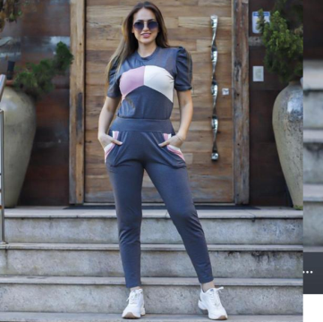 CONJUNTO MOLETINHO CINZA MESCLA LISTRA ROSA E BRANCA